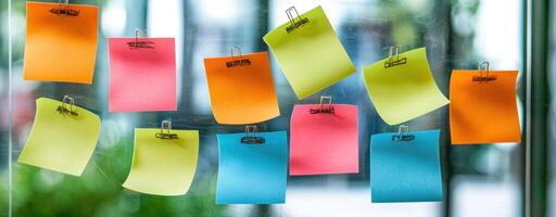 Colorful sticky notes arranged on glass surface, showcasing creativity and collaboration photo