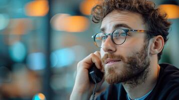 Designer is holding his phone to his ear, deep in conversation with a client photo