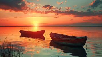Boats against the vivid, fiery colors of a sunset, creating a mesmerizing and tranquil atmosphere photo
