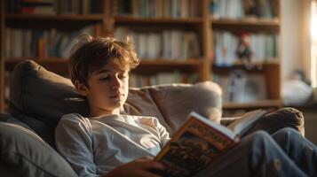 Boy devotes himself to the adventure found within the pages of his book photo