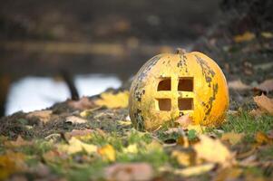 Autumn Scene with Carved Pumpkin in Natural Setting photo