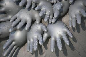 Collection of inflated rubber gloves covered in water droplets forms an abstract, artistic design photo