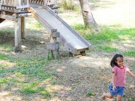 Children play outdoors on a wooden playground in a park. Happy girl playing on slide in playground in summer. photo