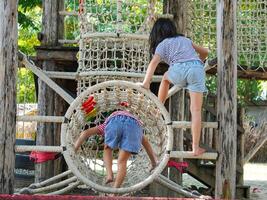 Children play outdoors on a wooden playground in a park. Happy girl playing on a rope net bridge in playground during summer. photo