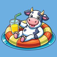 Cute Cow Relaxing on Swimming Tire with Juice in Cartoon Style vector