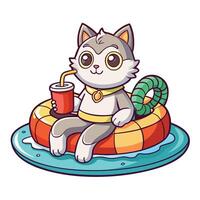 A Relaxed Feline in a Pool Float Enjoying a Tropical Beverage vector