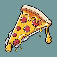 Cartoon Sticker of a Pizza Slice Being Pulled Apart with Stretchy Cheese vector