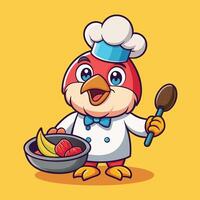 Cartoon Scene of a Cute Chicken Chef Skillfully Cooking a Steak in a Pan vector