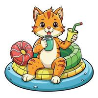 Adorable Feline Relaxes on Water Inflatables While Sipping Juice vector