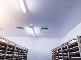 Ceiling of factory interrior ventilation with low temperature of an industrial eggs storage room. photo