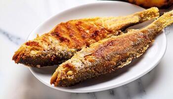 macro shot of fried fish on a plate on a white marble serving table photo