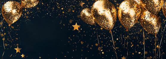 New Year 2025 Celebration with Golden Balloons and Confetti on Black Background photo