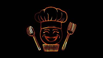Neon frame effect, Chef with a chef hat, cooking utensils, and a smiling cupcake. on black background video