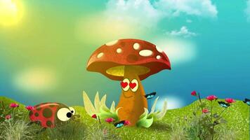 Digital painting and animation of a mushroom in love with a ladybug in a sunny garden video