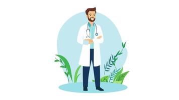 Footage of Male Doctor Character Crossing Hands Standing While Smiling with Leaves Plants video