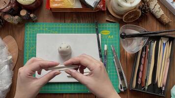 Girl's hands sculpt and make form clay ears for white rabbit on workshop desktop. Stationery knife, water, sticks. Handmade and crafts. Tools for modeling and design of ceramic souvenirs. video