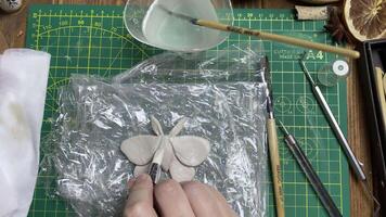 Person's hands make shape of clay moth with wet rubber brush. Tools for modeling and design of ceramic souvenirs. Hobbies, handmade and crafts. Water, stationery knife, sticks on wooden table. video