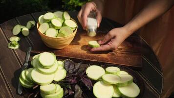 Making veggies for summer dinner in nature. Hands adding salt to raw zucchini slices. video