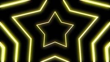 Yellow neon light in star shape seamless loop background. Echo glow star motion loop. Wave, futuristic, love, visual, zoom. video