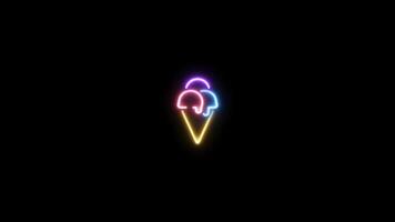Neon sign in ice cream shape motion graphic with alpha channel. Colored ice cream cone neon light turn on and turn off isolated icon animated on transparent background. video