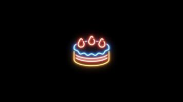 Neon sign in strawberry cake shape motion graphic with alpha channel. Colored pound cake neon light turn on and turn off isolated icon animated on transparent background. video