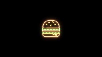 Neon sign in hamburger shape motion graphic with alpha channel. Colored burger neon light turn on and turn off isolated icon animated on transparent background. video