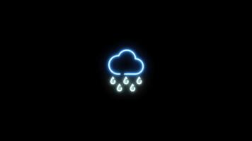 Neon sign in rain shape motion graphic with alpha channel. Blue cloud and rain neon light turn on and turn off isolated icon animated on transparent background. video