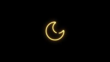 Neon sign in moon shape motion graphic with alpha channel. Yellow moon neon light turn on and turn off isolated icon animated on transparent background. video