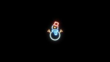 Neon sign in snowman shape motion graphic with alpha channel. Colored snowman neon light turn on and turn off isolated icon animated on transparent background. video