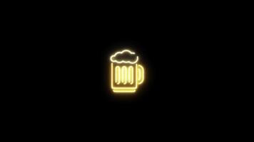 Neon sign in beer mug shape motion graphic with alpha channel. Yellow mug of beer with foam neon light turn on and turn off isolated iconr animated on transparent background. video