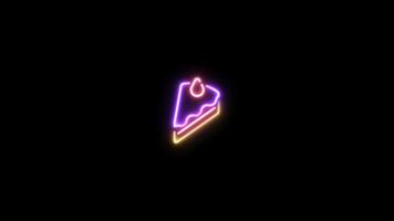 Neon sign in strawberry cake shape motion graphic with alpha channel. Colored piece of cake neon light turn on and turn off isolated icon animated on transparent background. video