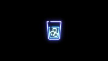 Neon sign in glass shape motion graphic with alpha channel. Blue glass of water with ice neon light turn on and turn off isolated icon animated on transparent background. video