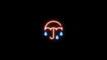 Neon sign in umbrella shape motion graphic with alpha channel. Red umbrella and blue rain, water drop neon light turn on and turn off isolated icon animated on transparent background. video