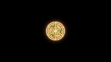 Neon sign in pizza shape motion graphic with alpha channel. Colored full pizza neon light turn on and turn off isolated icon animated on transparent background. video