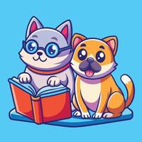 Adorable Cat and Pug Companions Share a Book Adventure vector