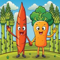 Joyous Hi-Five between Friendly Carrot and Asparagus Characters vector