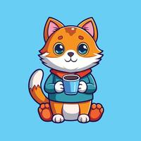 Adorable Cartoon Cat Enjoying a Warm Cup of Coffee with a Cute Expression vector