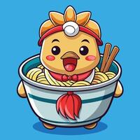 Adorable Chicken Floating in a Bowl of Ramen Noodle Soup Cartoon Icon vector