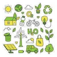 Green environment doodle hand drawn, ecology, zero waste, recycle and save planet elements vector