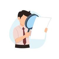 Businessman using magnifying glass to check documents vector