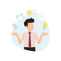 Multitasking man. Businessman with many job solves tasks at same time vector