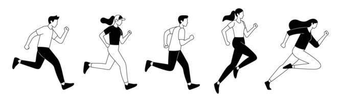 Illustration of active male and female running with trendy line design style vector