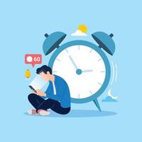 Man sitting with wasted time using smartphone vector