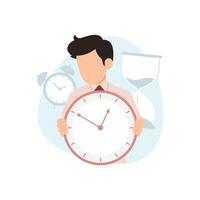 Time management and business planning. Businessman holding a clock isolated on white background vector