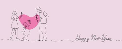 Hand-drawn family celebrating New Year together continuous line art drawing. Happy New Year concept background. vector