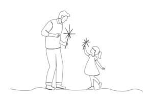 Hand-drawn father and daughter playing with sparkle continuous single line drawing. Celebrating new year concept background. vector