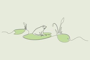 Hand-drawn frog sitting on leaf one line art drawing. Frog with water lily leaf background in doodle style. vector
