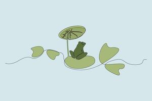 Hand-drawn frog sitting on leaf continuous line art drawing in doodle style. vector