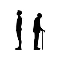 Silhouette Art Depicting Life Stages with a Young Man and an Elderly Man with a Cane in Profile View vector