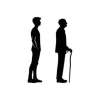 Side-by-Side Silhouette of a Standing Young Man and Elderly Man Using Cane Representing Age Progression vector